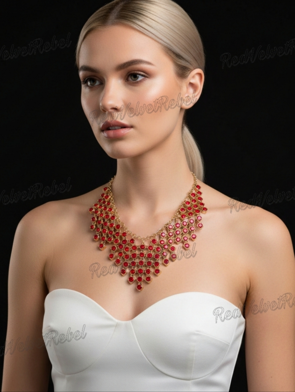 NWT WHBM Red Crystal Gold Waterfall Collar Statement Necklace
